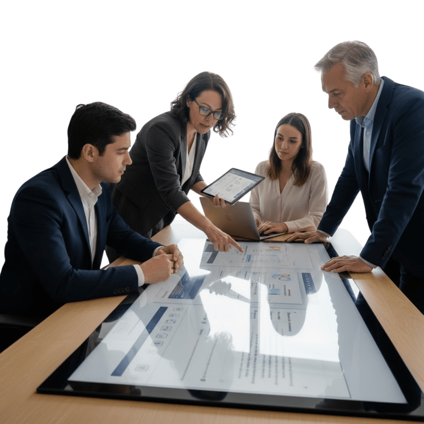 Team reviewing documents and data together around a table.