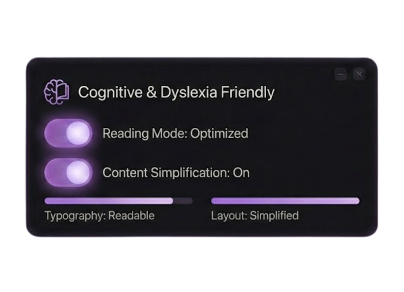 Cognitive and dyslexia-friendly panel with reading mode optimized and simplified content enabled.