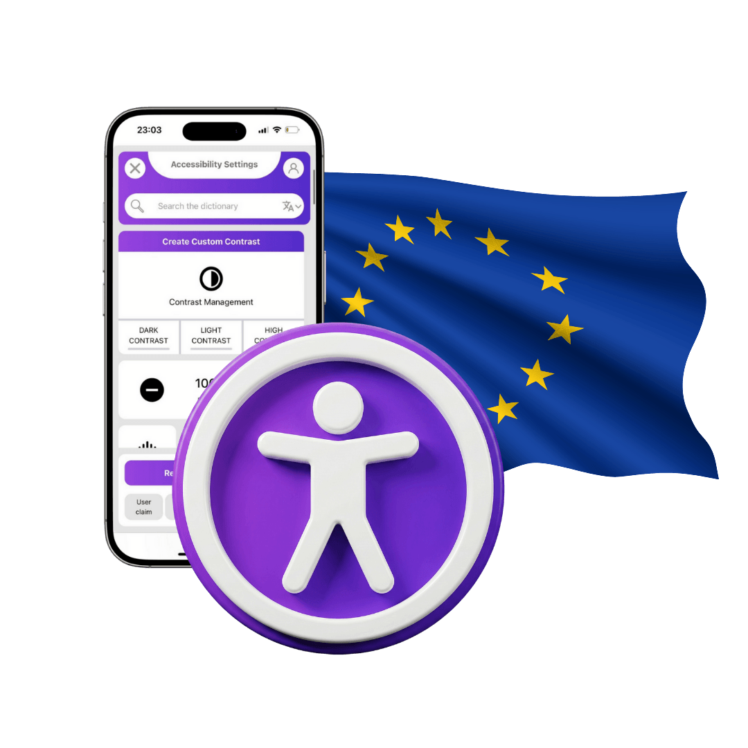 Accessibility widget icon in front of a smartphone interface with the EU flag in the background.