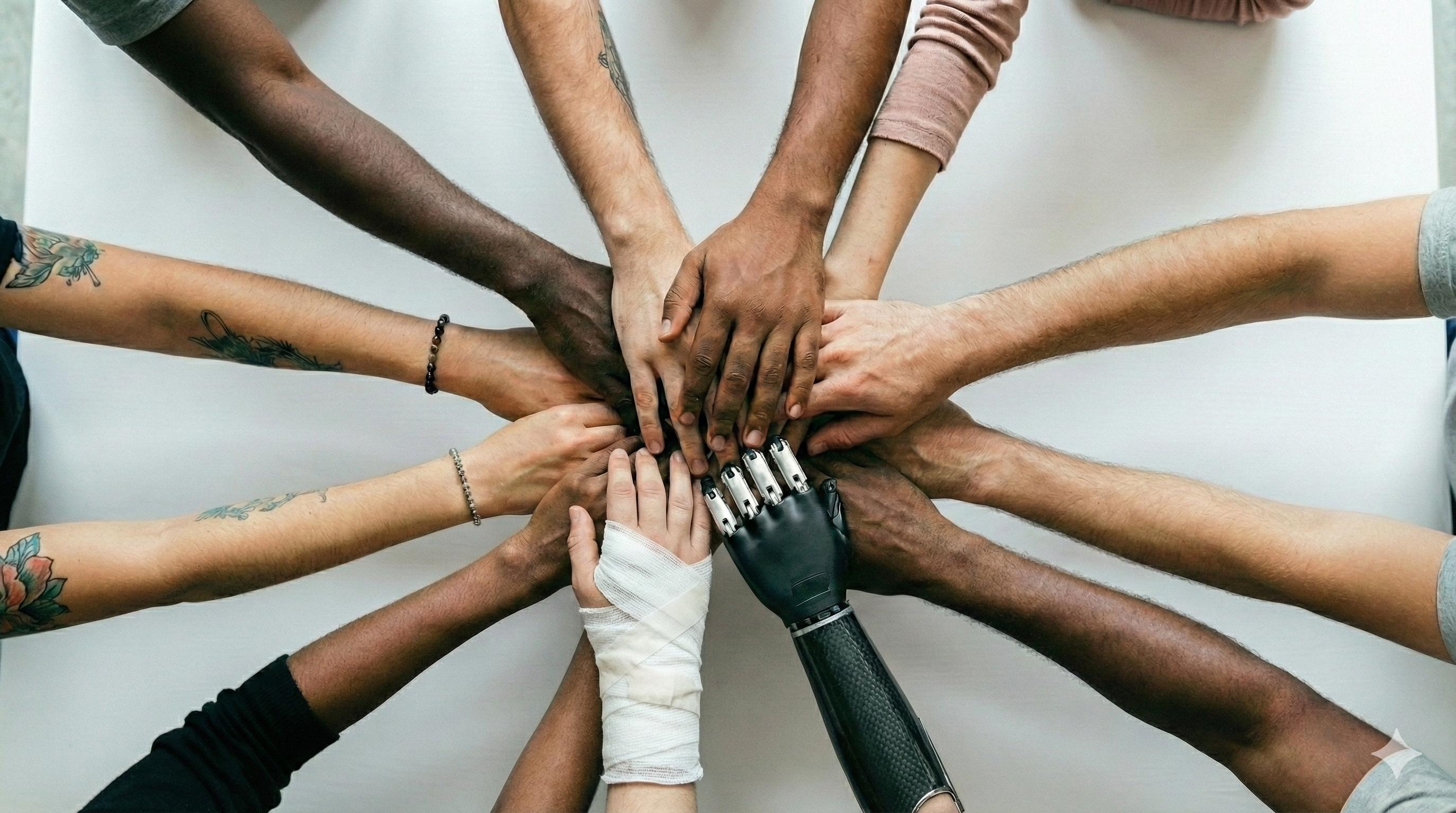 Diverse hands stacked centrally on a clean white table.
