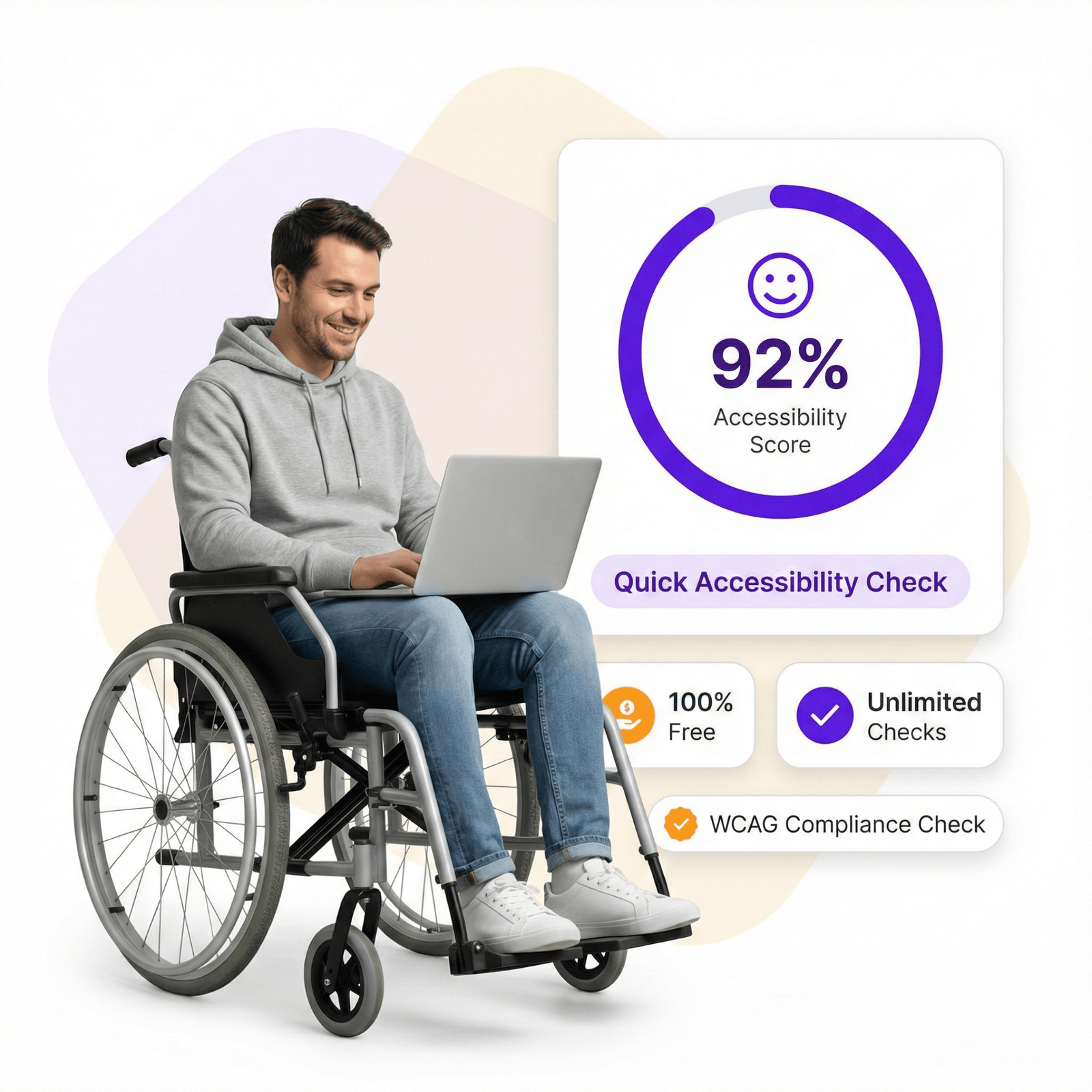 A man in a wheelchair checking accessibility scores on a laptop, featuring a dashboard showing a 92% success rate and WCAG compliance.