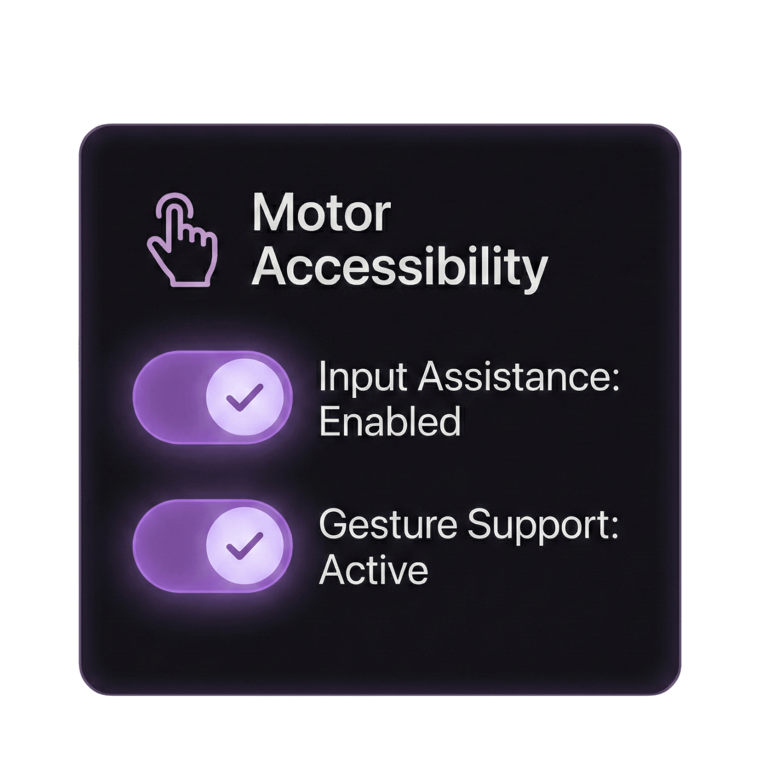 Motor accessibility panel with input assistance and gesture support enabled.