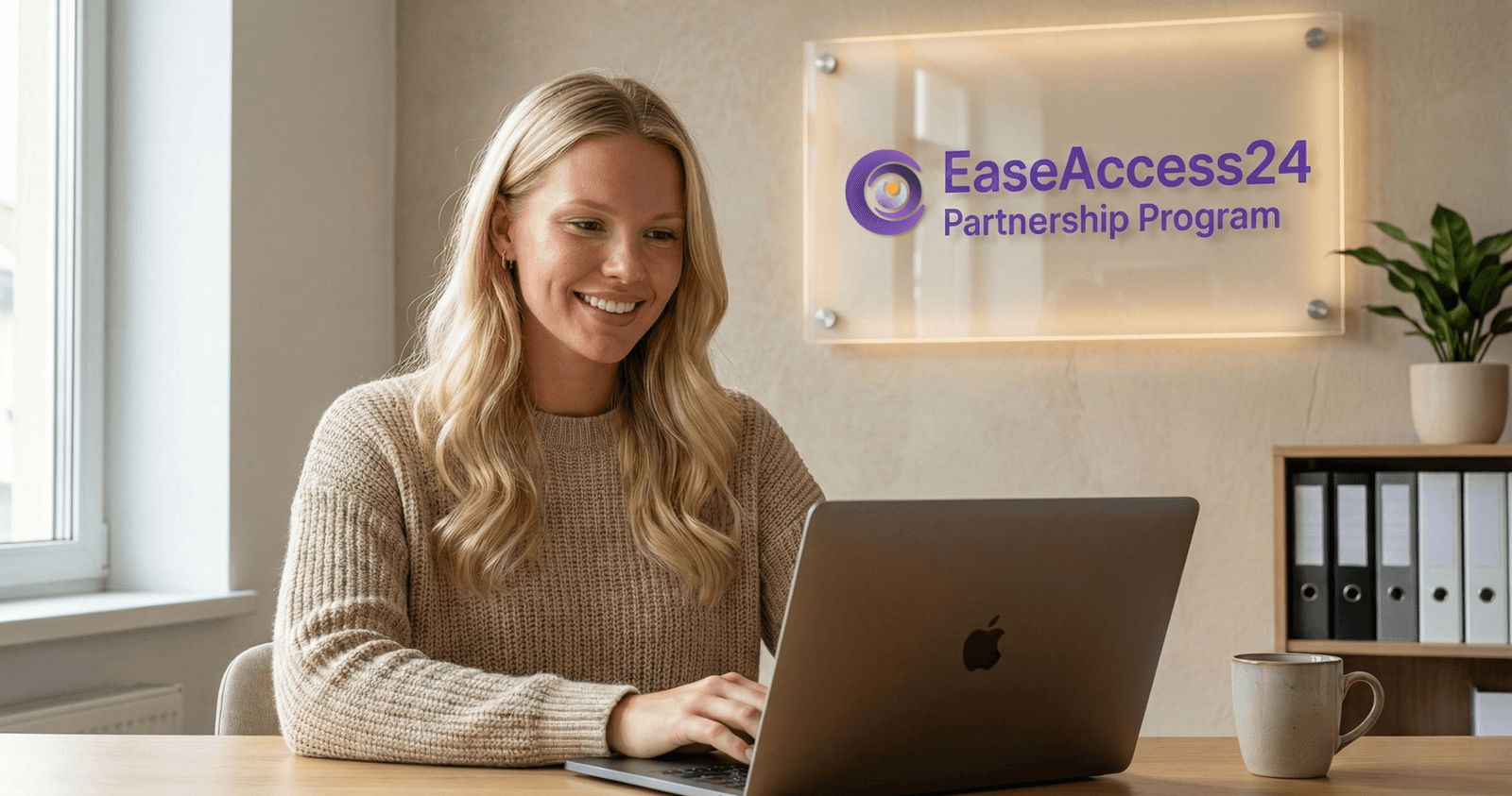 Smiling woman working on a laptop at a desk in a modern office, with a sign reading 'EaseAccess24 Partnership Program' displayed on the wall behind her