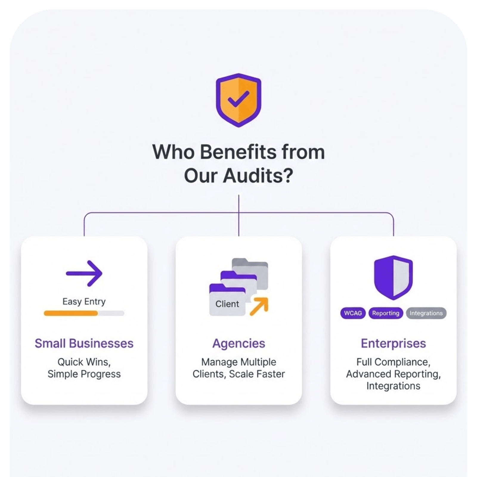 Overview diagram showing who benefits from accessibility audits: small businesses, agencies, and enterprises.