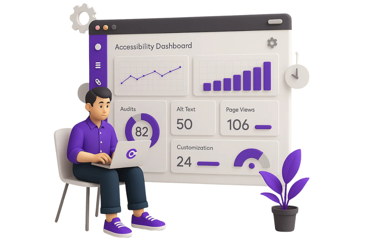 Illustration of a man using a laptop in front of a large dashboard displaying charts and analytics.