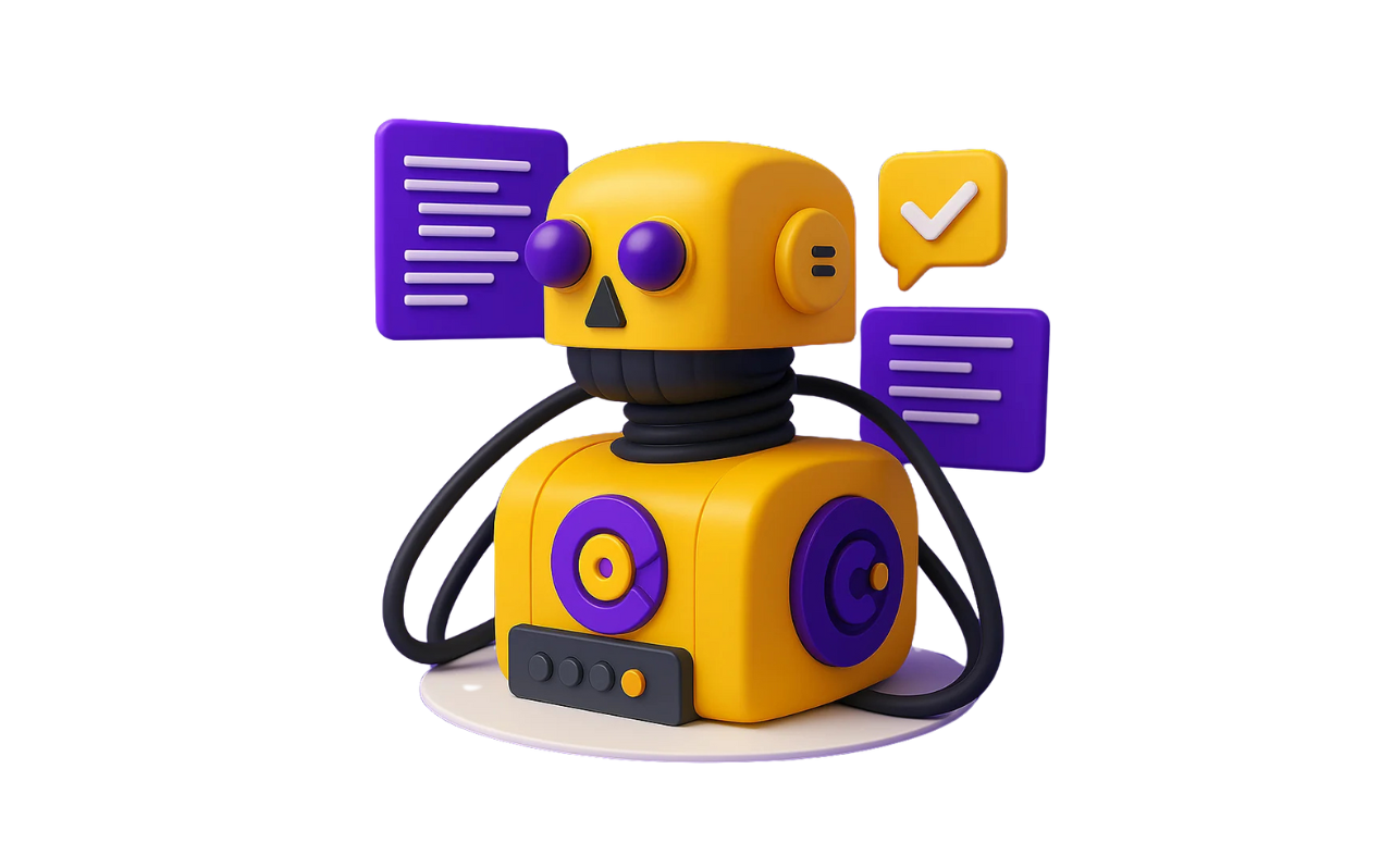 3D illustration of a friendly yellow and purple robot with a skull-like face, surrounded by floating UI elements including speech bubbles with text lines and a checkmark, symbolizing automation and digital interaction.