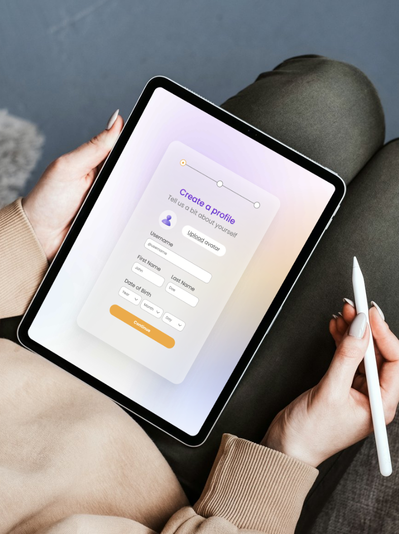 Hands holding a tablet showing EaseAccess24’s profile creation form with a stylus.