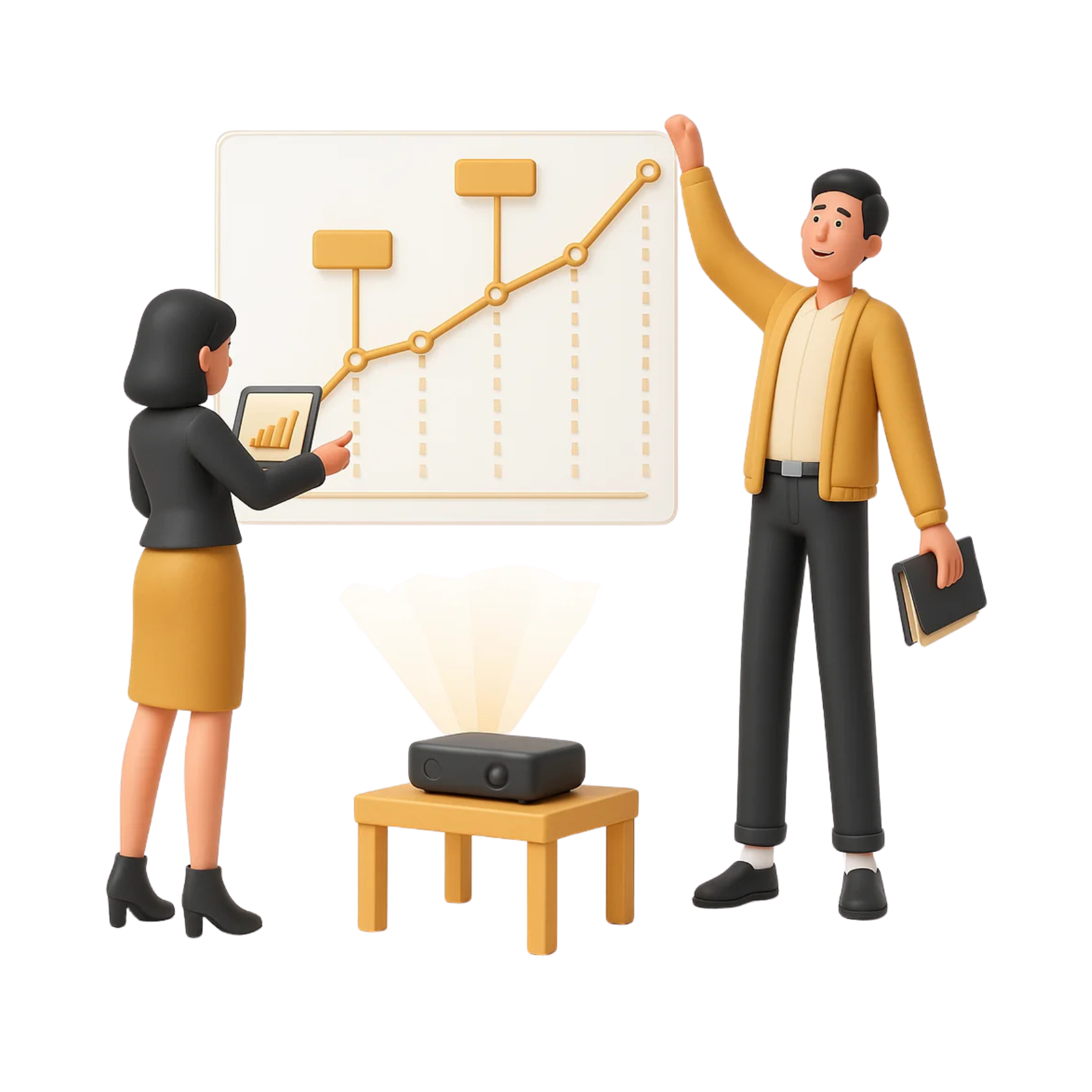 3D illustration of a man and woman presenting business growth. The woman holds a tablet showing a bar chart while pointing at a large line graph on a board. A projector on a small table emits a light beam, and the man stands with a notebook, raising one hand to emphasize the rising trend.