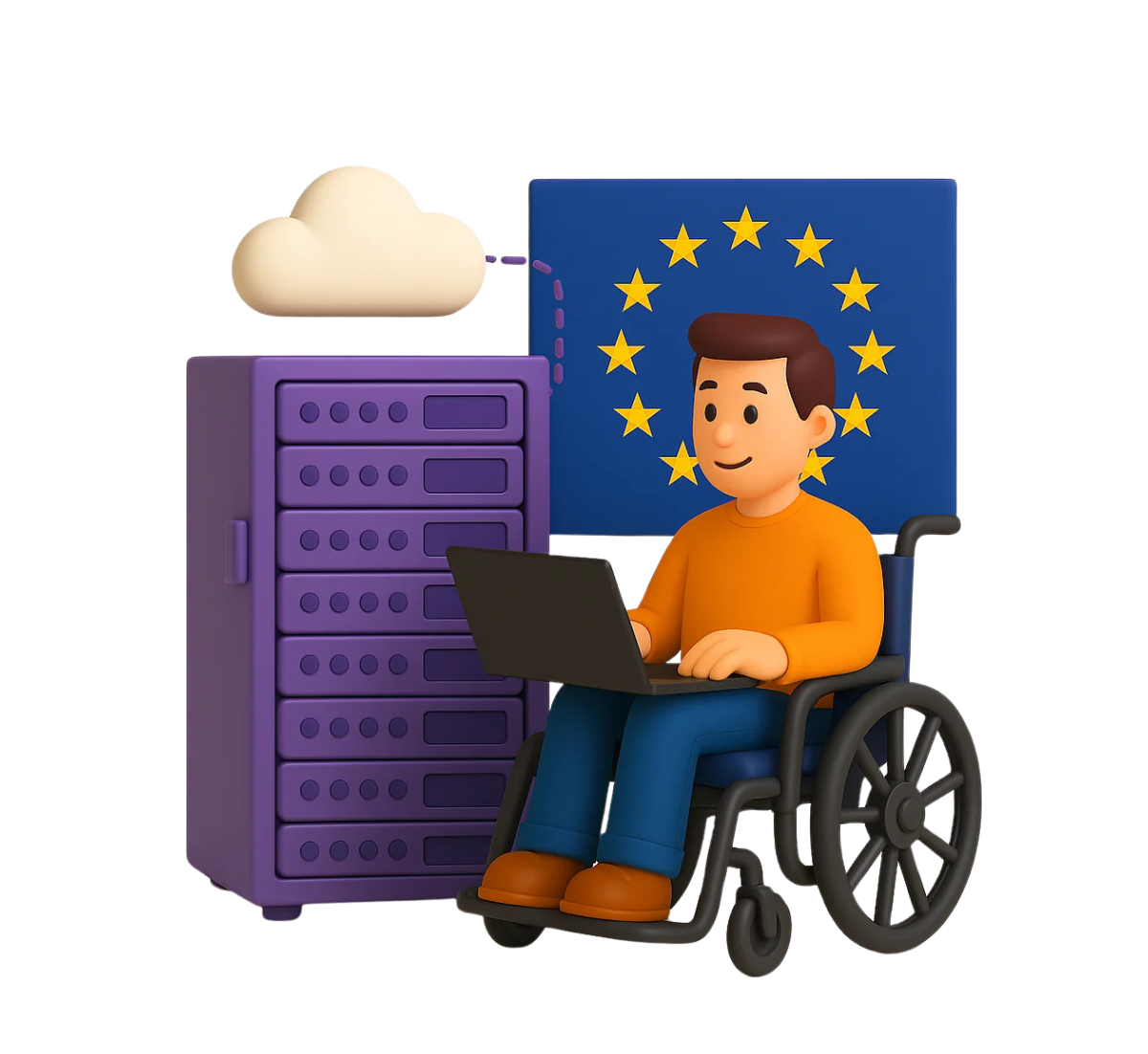 Illustration of a man managing a cloud-connected server rack using a laptop.