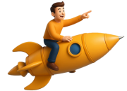 A person flying on a rocket to the sky.