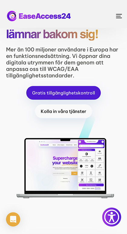 Swedish-language EaseAccess24 website view showing the company's accessibility offer and product interface.