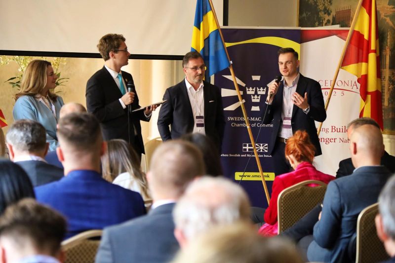Panel discussion at the Swedish-Macedonian Business Forum 2026 in Stockholm with Filip Najdovski speaking.